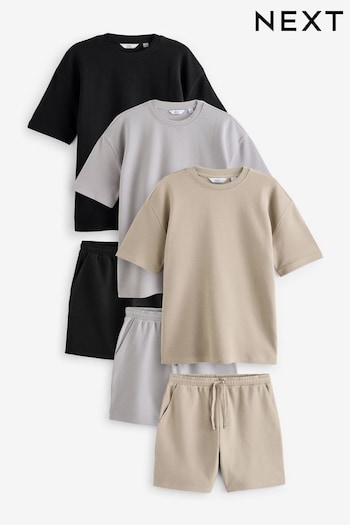 Black/Grey/Neutral Textured Coord T-Shirt And Shorts Set 6 Pack (N78903) | £90