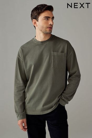 Khaki Green Long Sleeve Garment Dye Heavyweight 100% Cotton T-Shirt (N78969) | £20