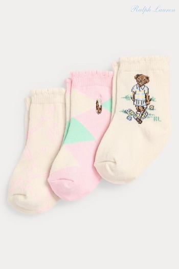 Polo Ralph Lauren White Bear Pink Socks 3 Pack (N78972) | £9