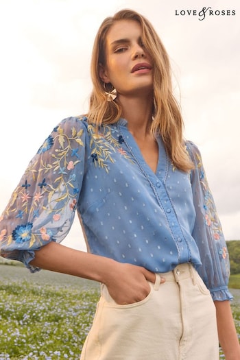 Love & Roses Blue Metallic Petite Embroidered V Neck 3/4 Sleeve Blouse (N79086) | £45