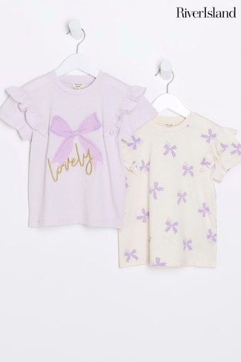 River Island Purple Mini Girls Long sleeve Bow T-Shirts 2 Pack (N79385) | £16
