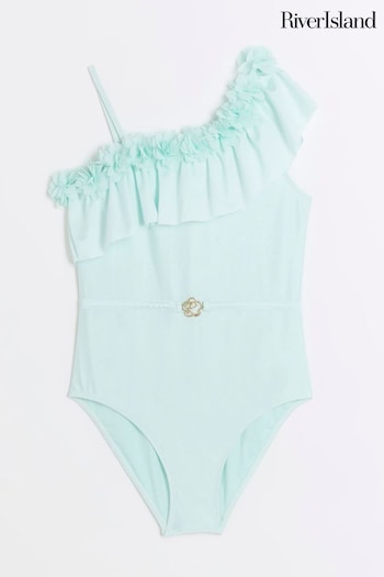 River Island Green Girls 3D Floral Asymetrical Swimsuit (N79393) | £20 - £25