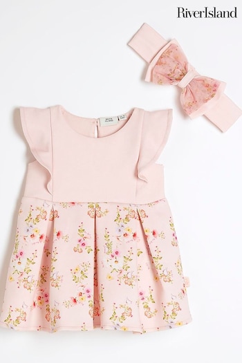River Island Pink Baby Girls Floral Scuba Kjoler Dress Set (N79413) | £25