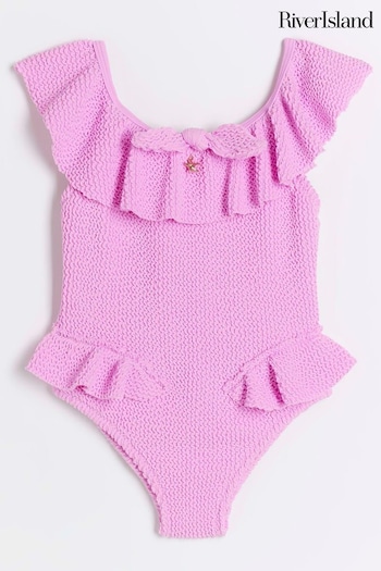 River Island Purple Mini Girls Textured Frilled Swimsuit (N79488) | £15