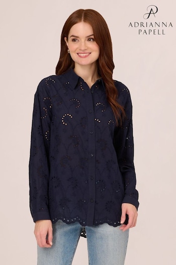 Adrianna Papell Blue Eyelet Button Front Tunic Shirt (N79494) | £59