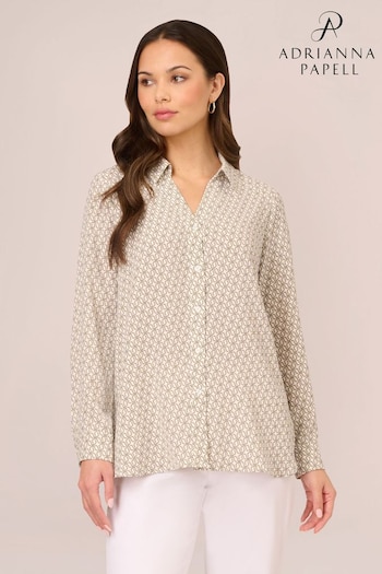 Adrianna Papell Natural Printed Texture Airflow Woven Long Sleeve V-Collar Shirt (N79507) | £49