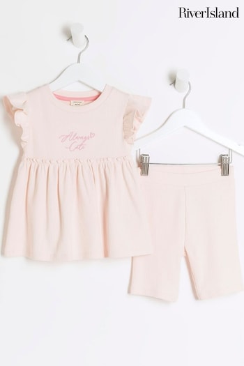 River Island Pink Mini Girls Ribbed Peplum Shorts Set (N79515) | £14