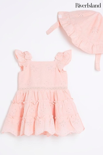River Island Pink Baby Girls Broiderie Dress kardashian and Hat Set (N79552) | £28