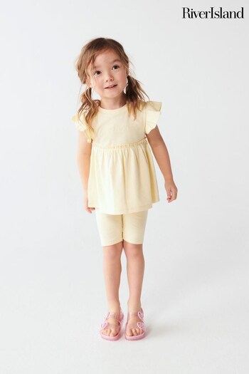 River Island Yellow Mini Girls Ribbed Peplum Shorts Set (N79573) | £14