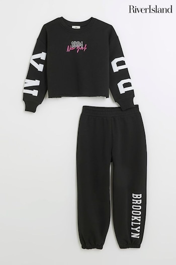 River Island Black Brooklyn Girls Sweatshirt and Jogger Set (N79578) | £30