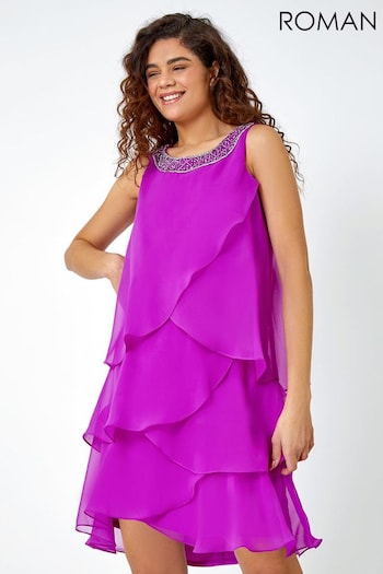 Roman Purple Bead Embellished Tiered Chiffon Dress (N79737) | £75