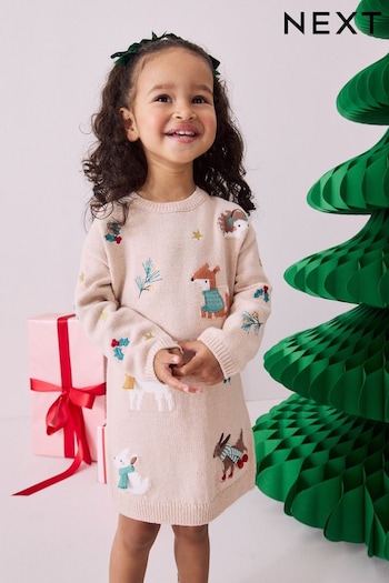 Ecru Marl Christmas Character Jumper Dress (3mths-7yrs) (N79931) | £18 - £22