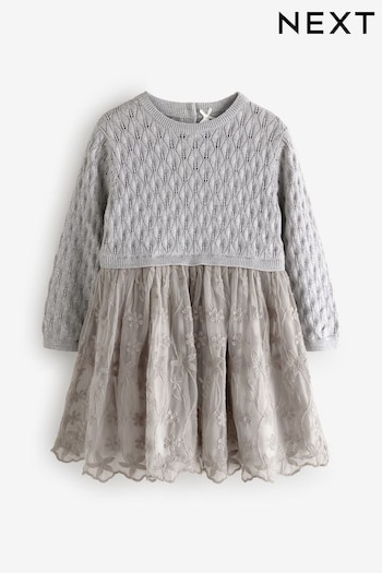 Silver 2-in-1 Occasion Long Sleeve Knitted Jumper Dress (3mths-10yrs) (N79958) | £28 - £34