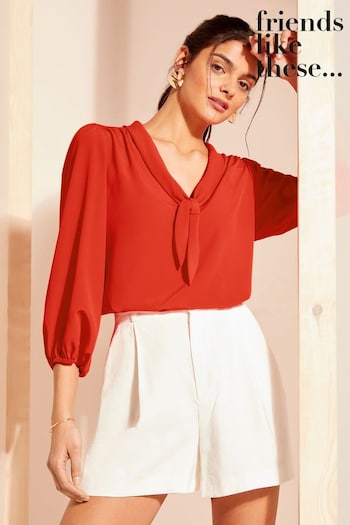 Friends Like These Red Petite V Neck Bow Front 3/4 Sleeve Blouse (N90137) | £30