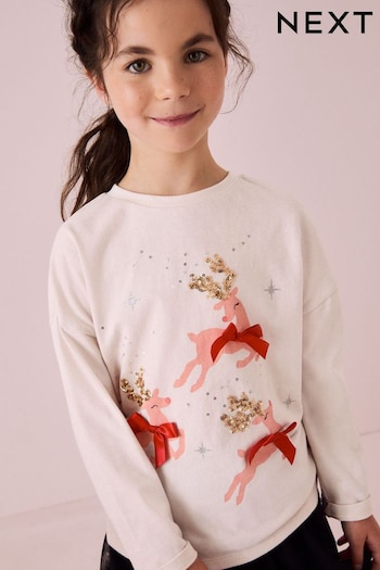 Ecru Sequin Reindeer Long Sleeve 100% Cmp T-Shirt (3-16yrs) (N90173) | £11 - £16