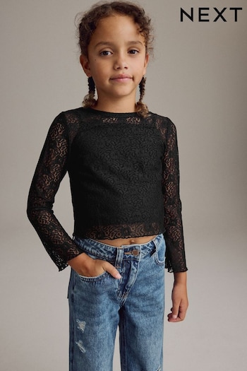 Black 100% Cotton Lace Top with Vest (3-16yrs) (N90195) | £16 - £21