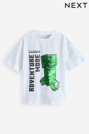 White/Green 100% Cotton Minecraft Flippy Sequin T-Shirt (3-16yrs) (N94757) | £12 - £15