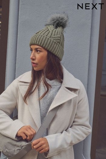 Khaki Green Cable Knit Pom Hat (N94898) | £12