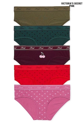 Victoria's Secret PINK Green/Burgundy/Red/Pink Hipster Logo 5 Pack Knickers (N95012) | £27