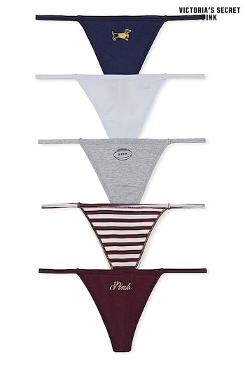 Victoria's Secret PINK Navy/Blue/Grey/Stripe/Burgundy G String Cotton 5 Pack Knickers (N95028) | £27