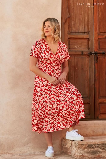 Live Unlimited Curve Red Ditsy Print Jersey Wrap Midi Dress (N95058) | £59