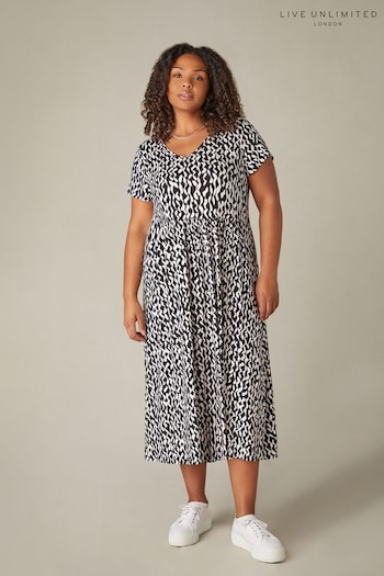 Live Unlimited Curve Mono Curl Print Jersey Short Sleeve Black Midi Dress (N95061) | £59