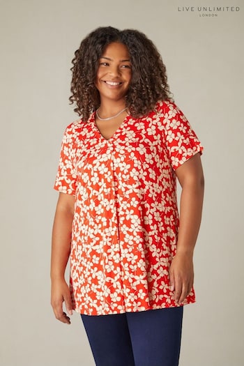 Live Unlimited Curve Red Ditsy Print Jersey Pleat Front Top (N95083) | £45