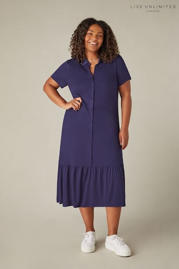 Live Unlimited Curve Blue Jersey Tiered Midaxi Cream Shirt Dress (N95096) | £55
