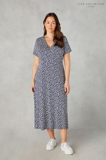 Live Unlimited Curve Blue Petite Ditsy Print Jersey Wrap Midi Dress (N95106) | £59