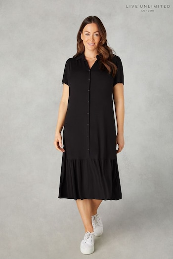 Live Unlimited Petite Black Jersey Tiered Midi Shirt Dress (N95111) | £55