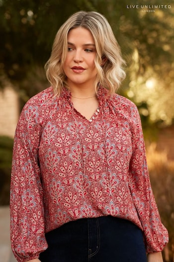 Live Unlimited Red Paisley Print Shirred Neck Blouse (N95112) | £65