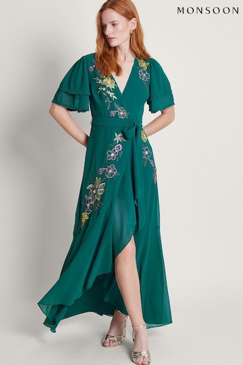 Monsoon Blue Wanda Floral Embellished Dress (N95142) | £150