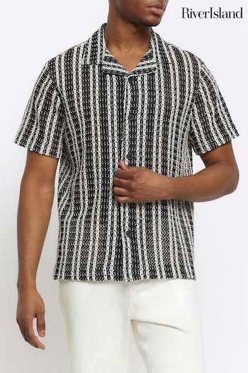 River Island Black Mono Stripe Crochet Revere Shirt (N95174) | £35