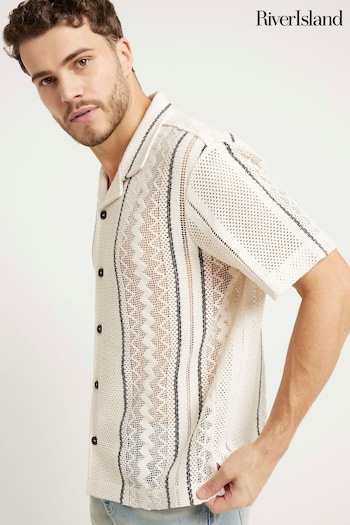 River Island White Regular Fit Stripe Crochet Revere Shirt (N95196) | £35