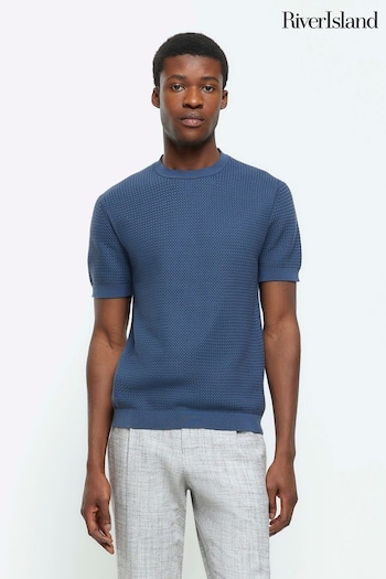River Island Blue Slim Fit Textured Knit T-Shirt (N95226) | £25