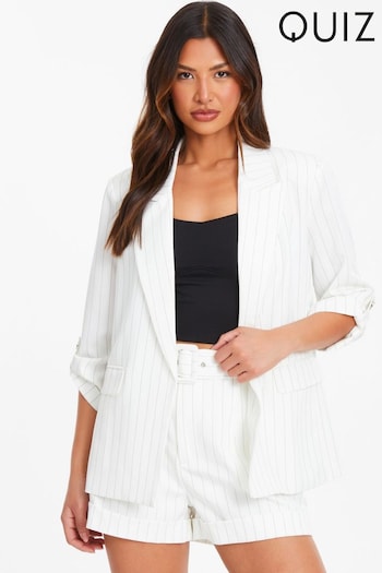 Quiz White And Black Pinstripe Ruched Sleeve Tailored Blazer (N95396) | £48