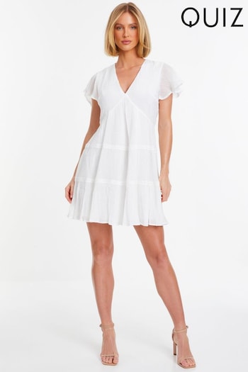 Quiz White V-Neck Frill Sleeve Tunic Dress (N95399) | £35