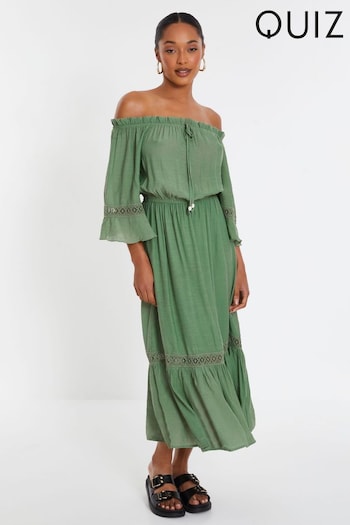 Quiz Green Khaki Bardot Crochet Insert Maxi Dress (N95406) | £40