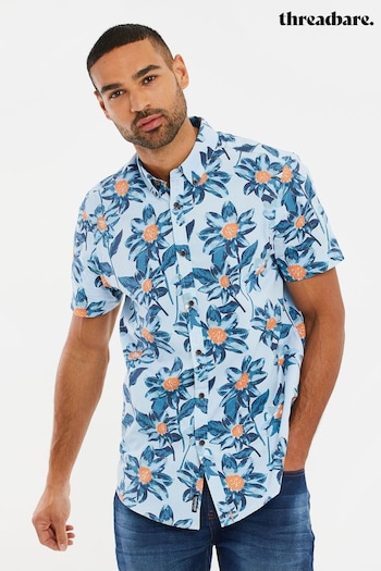 Threadbare Blue Chrome Cotton Tropical Print Short Sleeve Shirt (N95429) | £24