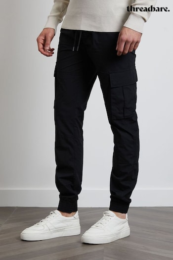 Threadbare Black Slim-Fit Cotton Cuffed Cargo Trousers (N95430) | £30