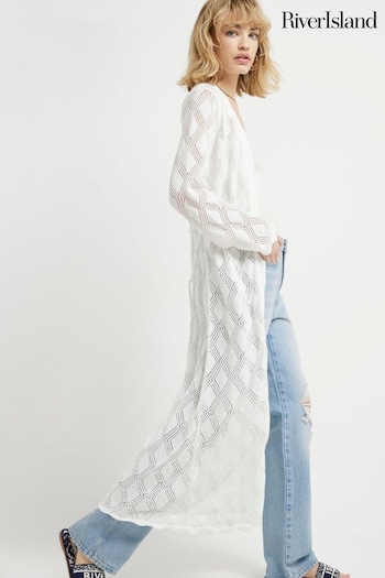 River Island White Crochet Button Front Maxi Cardigan (N95446) | £50
