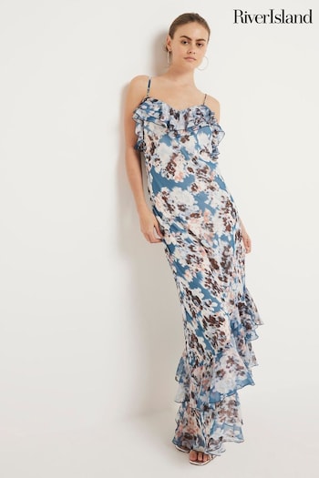 River Island Blue Ruffle Asymmetric Floral Dress (N95501) | £55
