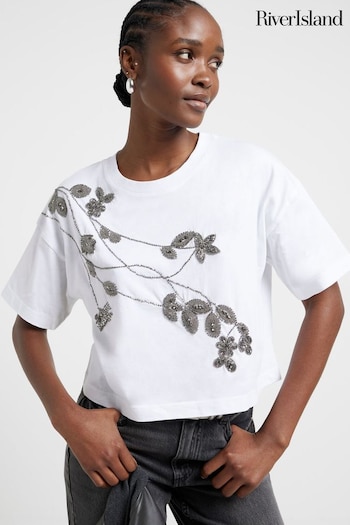 River Island Ecru Washed Floral Embellished T-Shirt (N95509) | £40