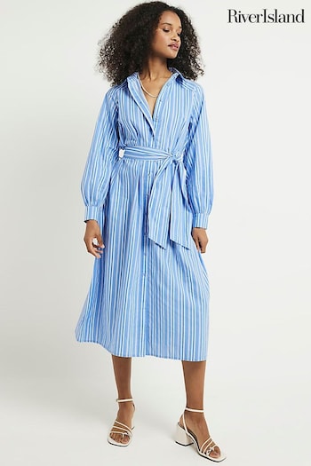 River Island Blue Balloon Stripe Midi Shirt Dress (N95513) | £50