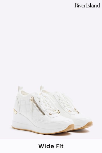 River Island White Wide Fit Quilted Zip Wedge Trainers (N95526) | £45