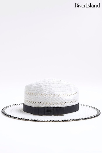 River Island White Blanket Stitch Straw Fedora Hat (N95543) | £25