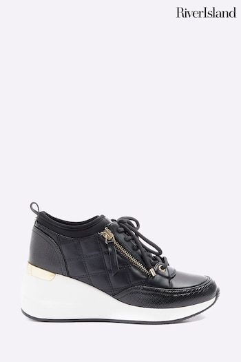 River Island Black Quilted Side Zip Wedge Trainers (N95557) | £45