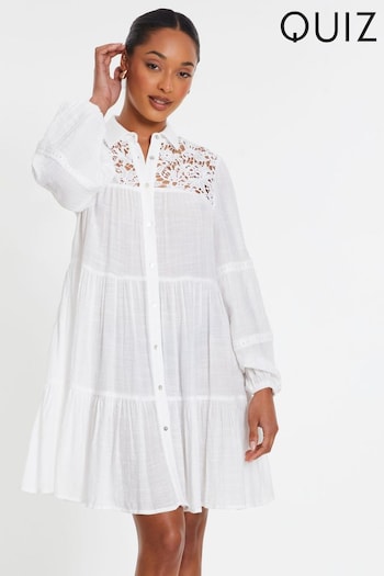 Quiz White Crochet Insert Shirt Dress (N95562) | £38