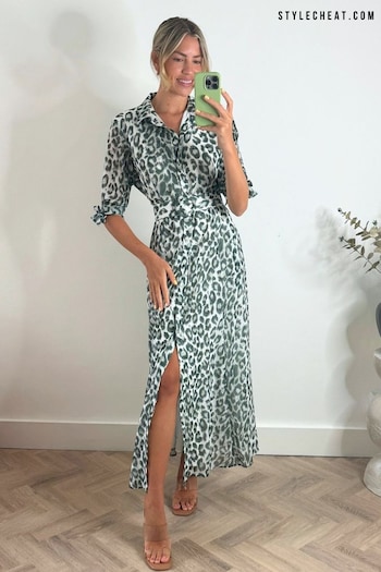 Style Cheat Leopard Daphne Belted Unisex Shirt Midaxi Dress (N95568) | £58