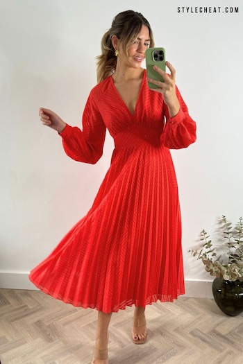 Style Cheat Red Dannica Pleated Balloon Sleeve Maxi Dress (N95616) | £68